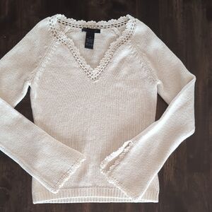 The Limited Cream Lace-Trim V-Neck Sweater